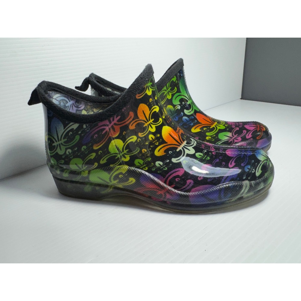 Corkys Women's Rain Garden Boots Fleur De Lis Multicolor Rubber Shoes Size 7